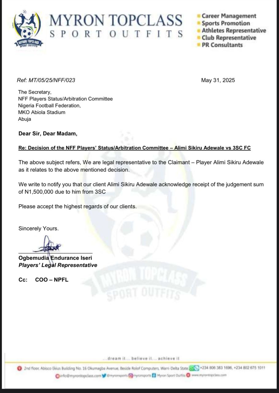 Sikiru Alimi Receives ₦1.5M From 3SC After NFF Players Status Arbitration Committee Judgement
